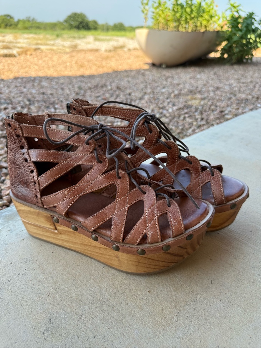 BedStu Brown Leather Lace-Up Wedge Sandals